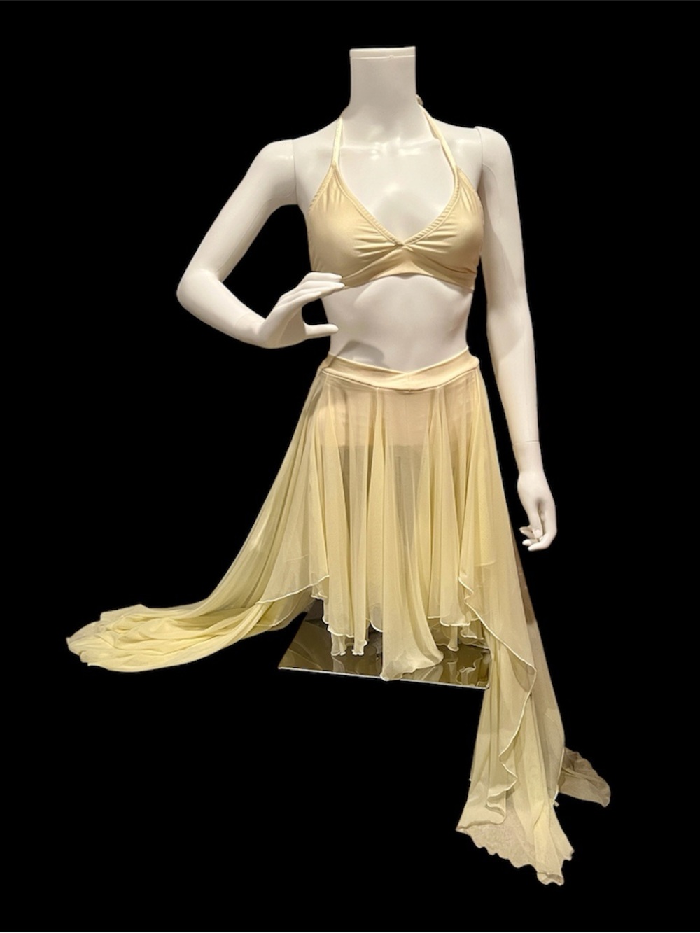 Two-Piece Set Cream / Size Small / Lyrical Halter Top & Asymmetrical Mesh Skirt